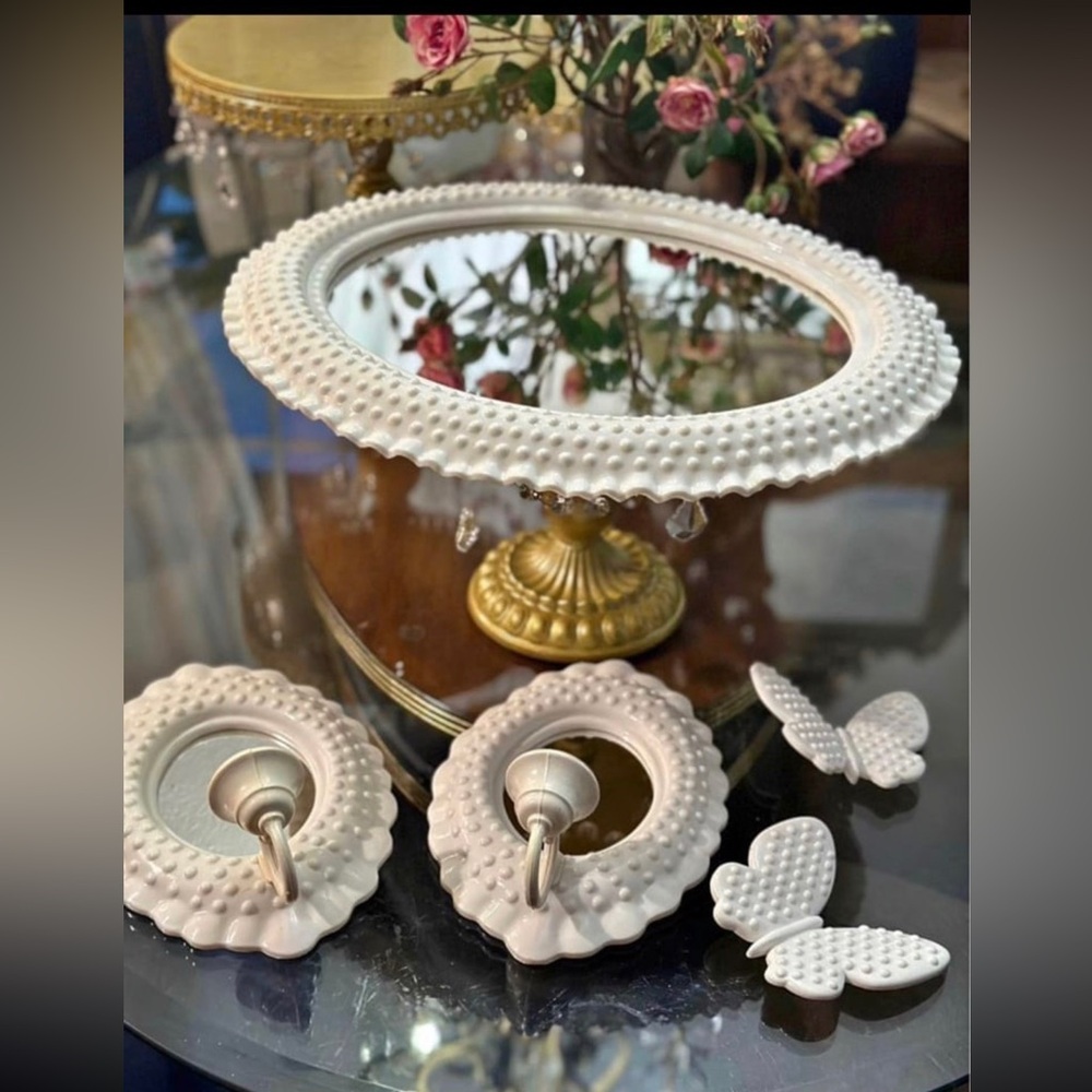 Vintage hobnail mirror , 2 sconces, 2 butterfly's